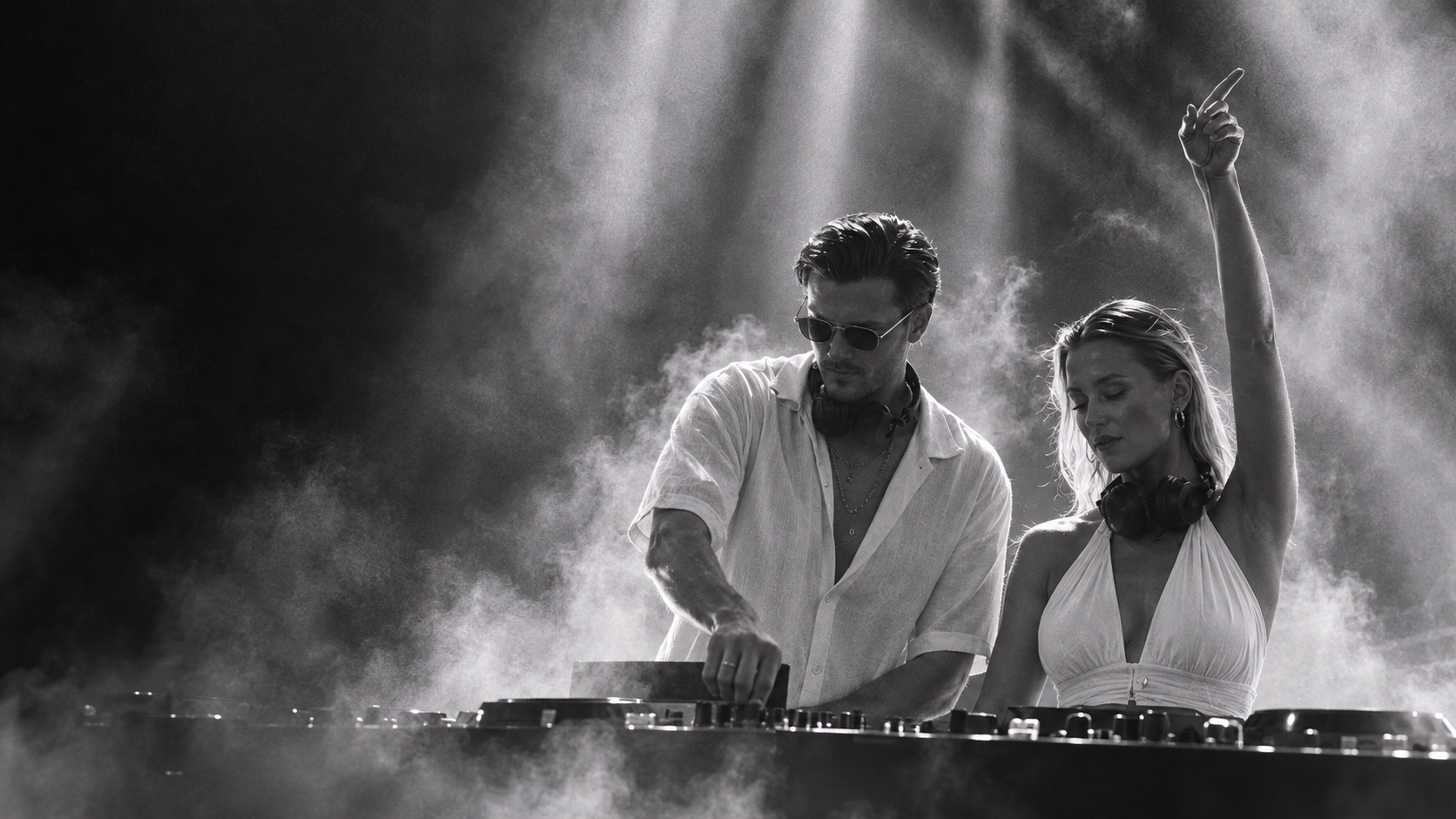ROOM:SRVC live press photo: Sascha and Olivia performing a festival DJ set with live vocals