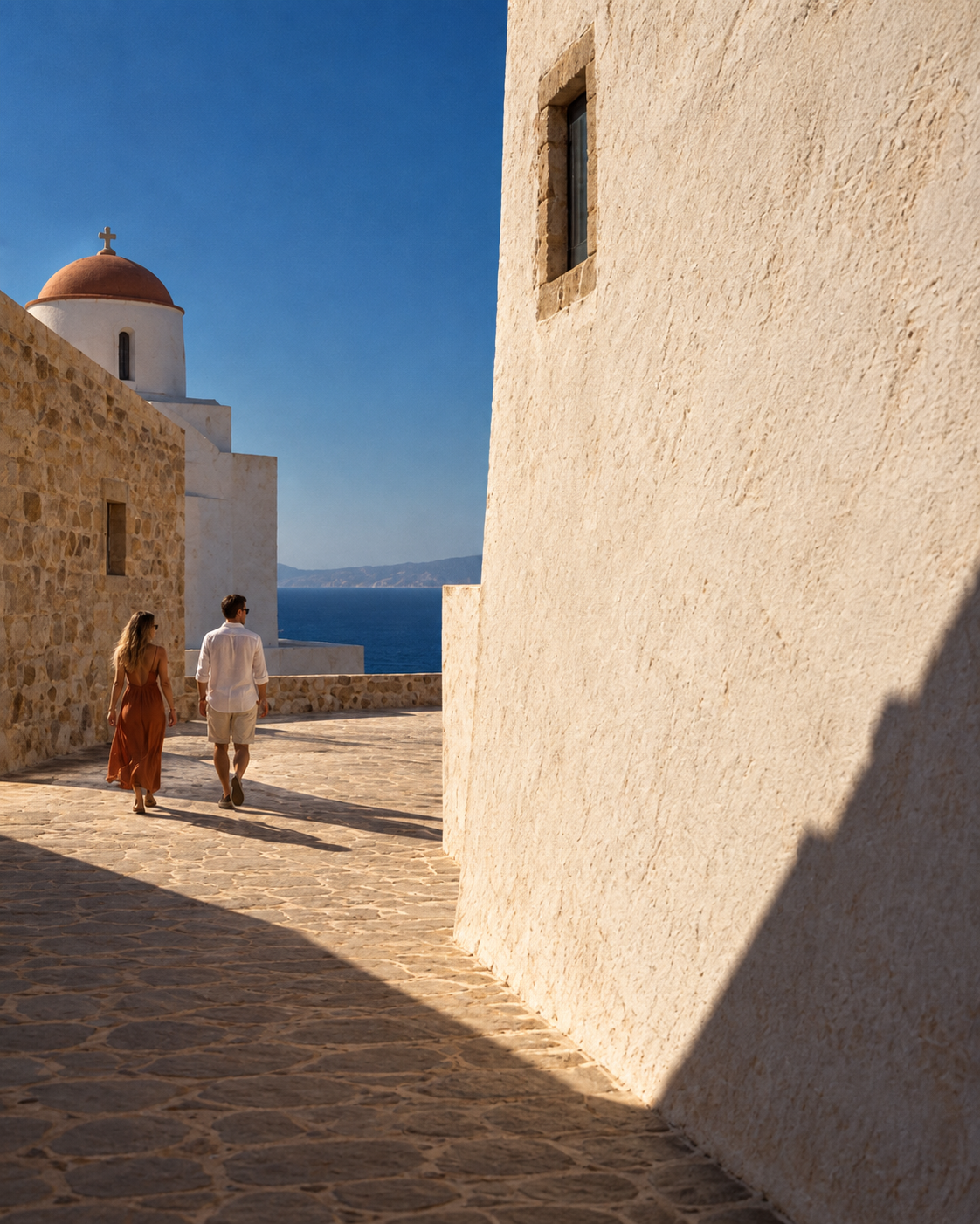 Two people walking through a sunlit whitewashed coastal village above the sea