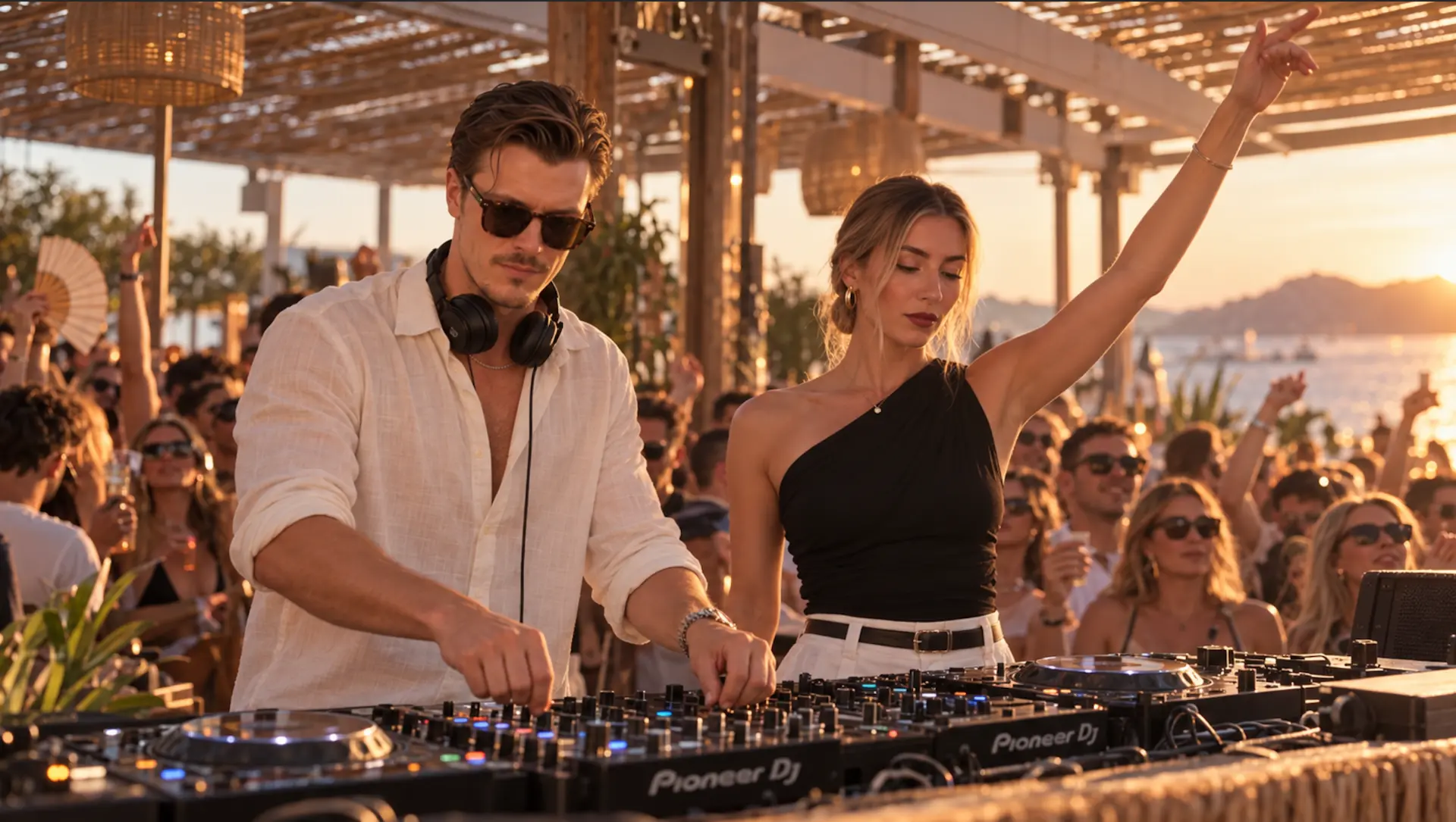 ROOM:SRVC DJs Sascha and Olivia performing a sunset house set at a beach club