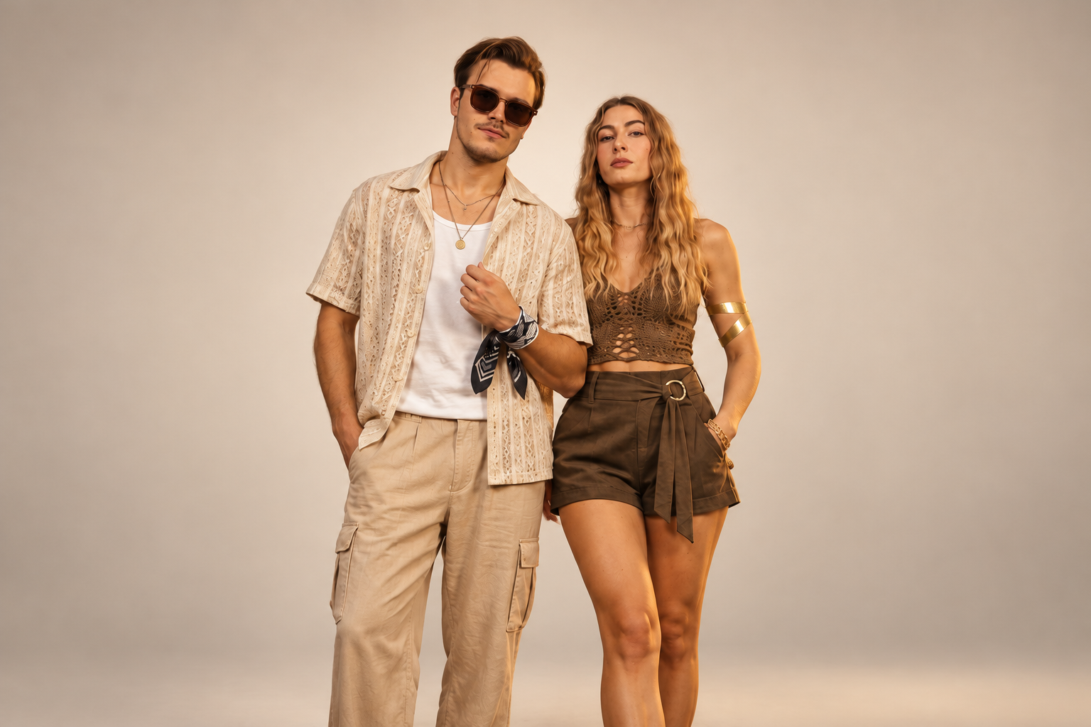 ROOM:SRVC press photo landscape: Sascha and Olivia side by side in a golden-toned studio