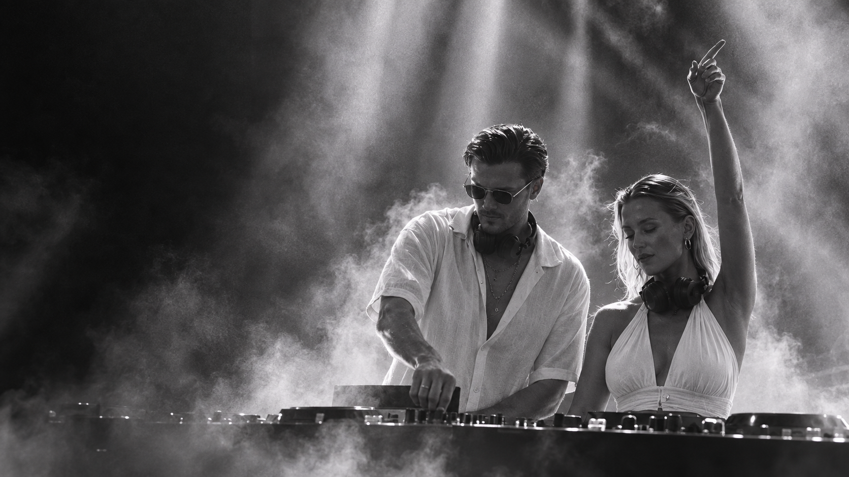Black-and-white photo of ROOM:SRVC DJs Sascha and Olivia at the decks during a festival performance