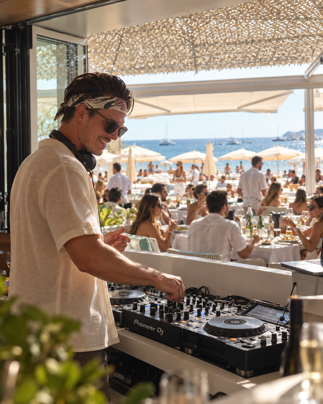 ROOM:SRVC DJ Sascha playing a beach club set at Coco Beach Ibiza, guests and sea behind him
