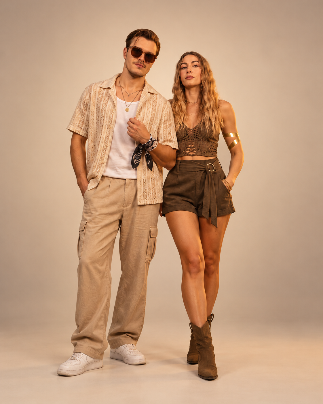 ROOM:SRVC press portrait: Sascha and Olivia standing side by side against a warm studio backdrop