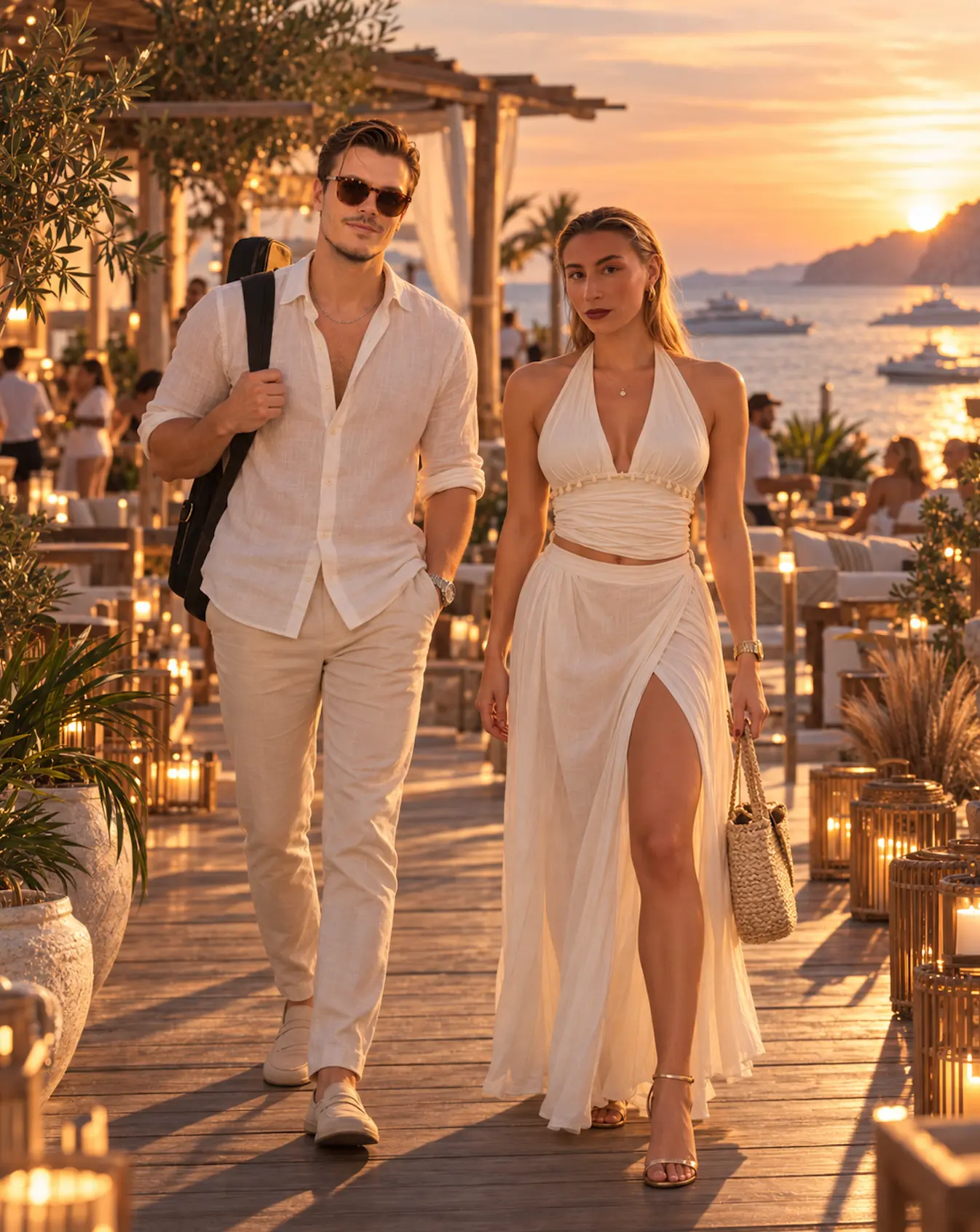ROOM:SRVC DJs Sascha and Olivia arriving at a Mediterranean beach club at golden hour